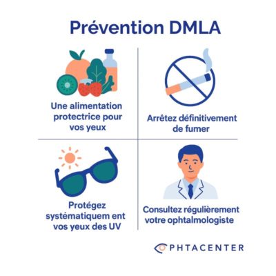 pprevention-DMLA-nimes Infographie sur la prévention de la DMLA, présentant quatre conseils illustrés : adopter une alimentation riche en nutriments protecteurs pour les yeux, arrêter de fumer, porter des lunettes de soleil contre les UV, et consulter régulièrement un ophtalmologiste. Chaque conseil est accompagné d’une illustration colorée pour renforcer le message de prévention visuelle.