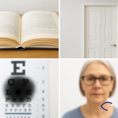 symptomes-DMLA-nimes Montage de quatre images illustrant les symptômes de la DMLA : un livre flou, une porte aux lignes déformées, une grille de test de vision avec une tache noire centrale, et une femme âgée vue de manière floue. Ces visuels représentent les troubles visuels typiques de la dégénérescence maculaire liée à l’âge, comme la vision centrale altérée, la déformation des lignes droites et la difficulté à reconnaître les visages.