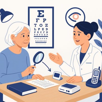 vivre-DMLA-nimes Illustration d’une consultation entre une patiente âgée atteinte de DMLA et une professionnelle de santé. La femme utilise une loupe pour lire un document pendant que l’ophtalmologiste lui donne des conseils. En arrière-plan, une table de lecture optique et une affiche de test visuel rappellent le contexte médical. L’image illustre les solutions et l’accompagnement disponibles pour mieux vivre avec la DMLA au quotidien.