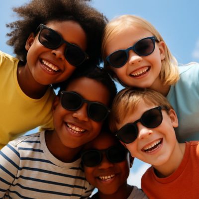 Groupe d'enfants regardant vers la caméras. Tous sourient et portent des lunettes de soleil. Ceci montrant l'importance de porter des lunettes de soleil pour protéger ses yeux quand on est un enfant