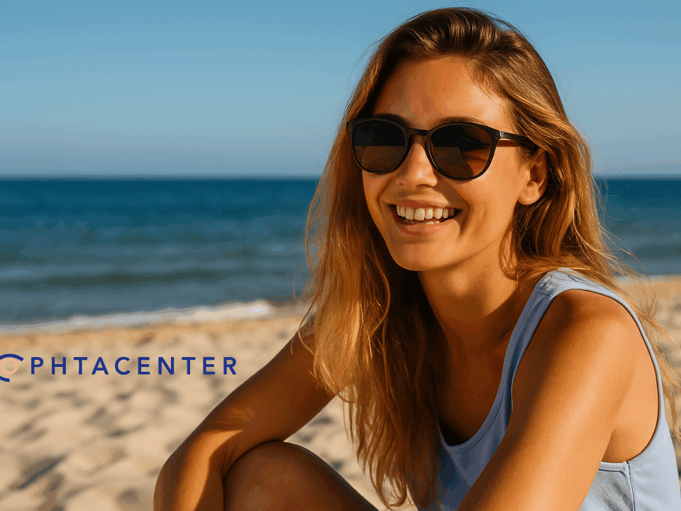 yeux-soleil-gard femme à la plage dans le gard portant des lunettes de soleil et souriant parceque ses yeux sont protégés du soleil