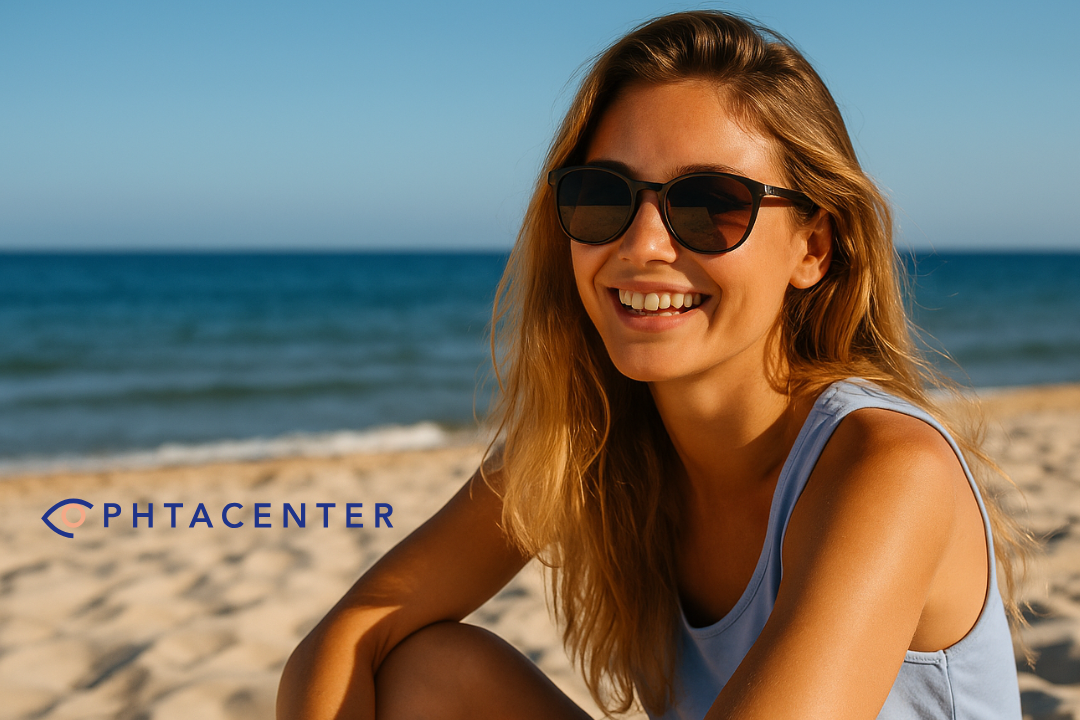 femme à la plage dans le gard portant des lunettes de soleil et souriant parceque ses yeux sont protégés du soleil