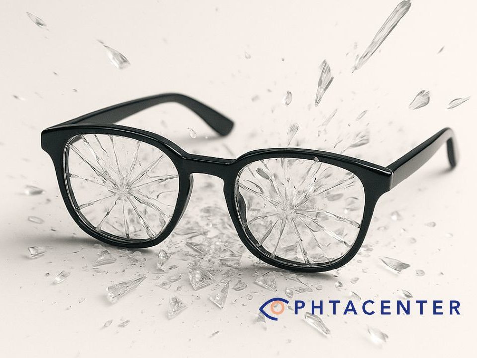 des lunettes dont les verres sont explosés en mille morceaux symbolisant la liberté suite à une chirurgie réfractive à Nîmes