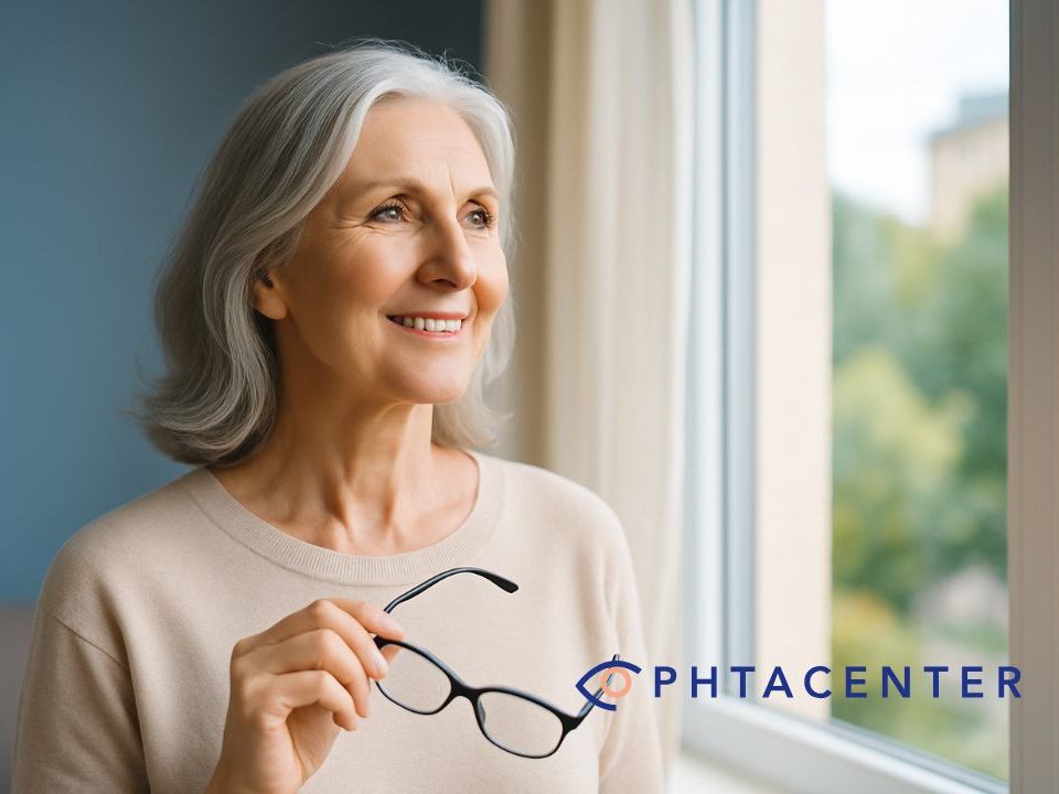 photo d'une femme devant sa fenetre lunette à la main regardant l'avenir sans lunettes après sa chirurgie refractive de la cataracte à Nimes