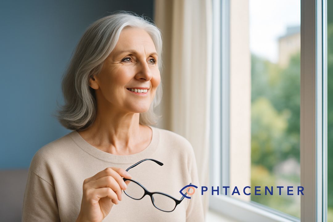 photo d'une femme devant sa fenetre lunette à la main regardant l'avenir sans lunettes après sa chirurgie refractive de la cataracte à Nimes