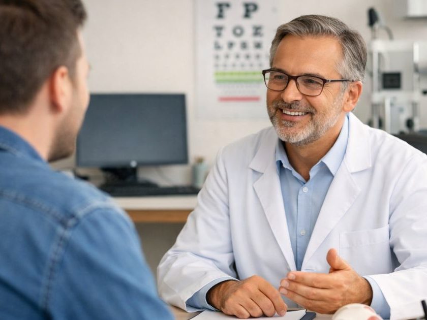 Patient probablement au cabinet ophtalmologique d'Arles, Ales, Remoulins ou le Grau du Roi, en rendez vous avec l'ophtalmologue souriant pour le réconforter