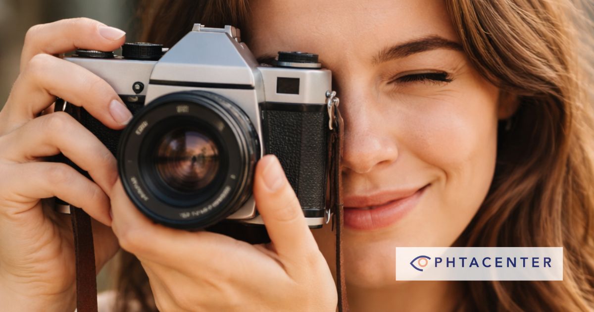 Femme tenant un appareil photo devant son oeil dominant pour mieux cadrer