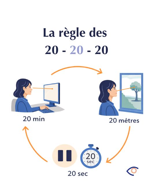 20-20-20 Infographie illustrant la règle visuelle **20-20-20** pour réduire la fatigue oculaire. Principe : Toutes les **20 minutes**, faire une pause de **20 secondes** en regardant à **20 mètres**. Illustrations : – Personne devant un écran (20 min) – Regard au loin vers un paysage (20 mètres) – Chronomètre (20 sec) Message : adopter cette routine aide à diminuer la fatigue visuelle et prévenir les maux de tête.