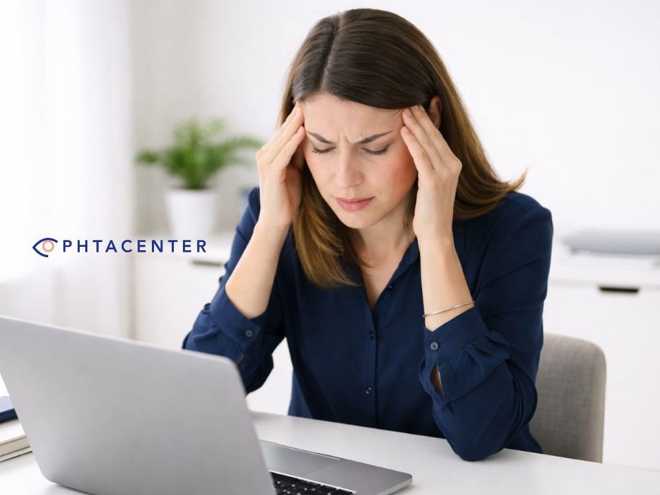 exercice-rcontre-mal-tête femme assise à son bureau se touchant les tempes car elle a mal à la tête