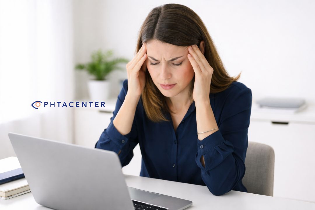exercice-rcontre-mal-tête femme assise à son bureau se touchant les tempes car elle a mal à la tête