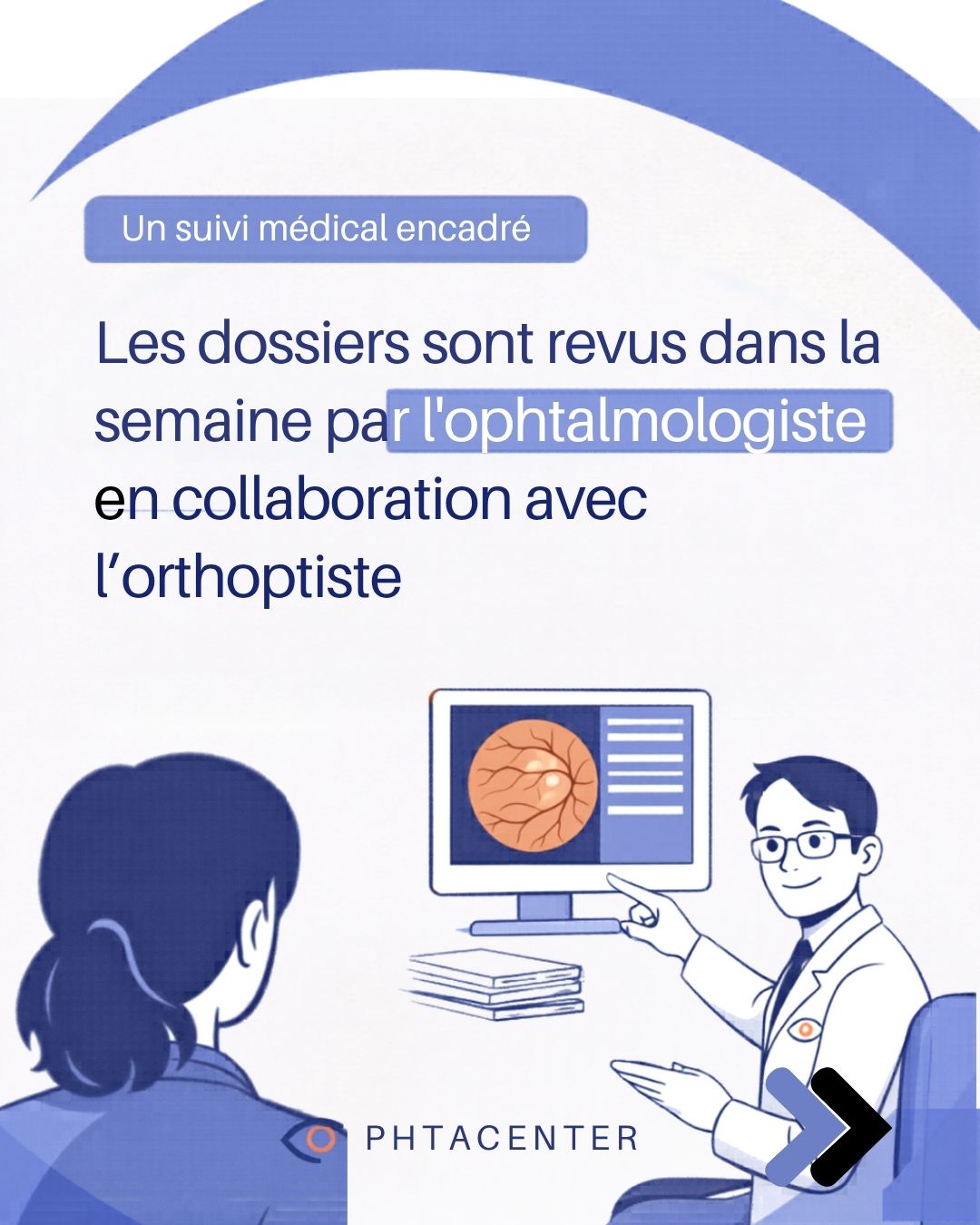 inforgraphie montrant un médecin vérifiant un dossier patient suite à une consultation en télémédecinse ophtalmologique