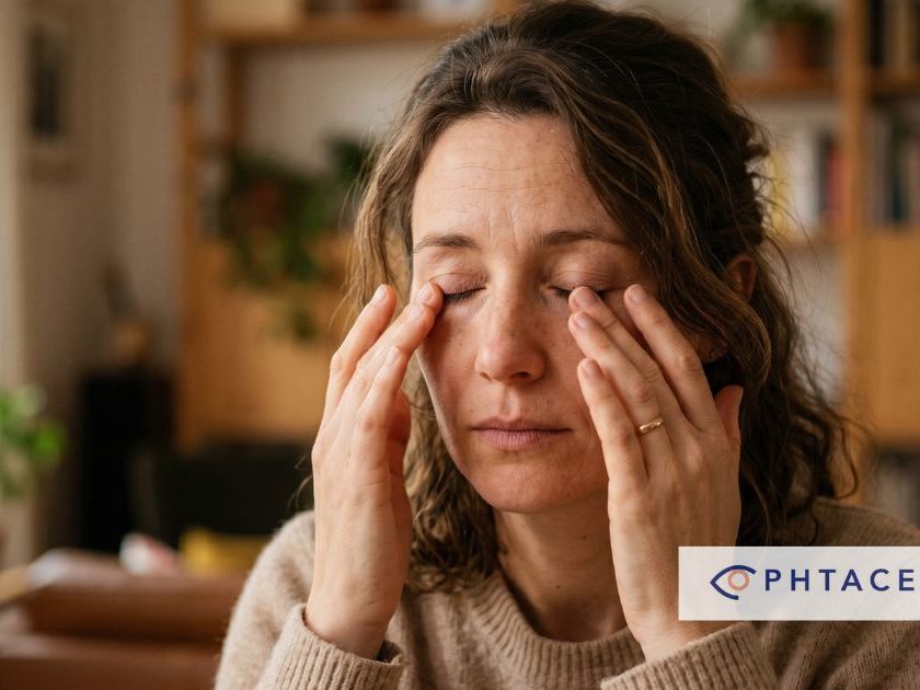 Femme se frottant les yeux avec les deux mains, geste automatique illustrant les dangers de se frotter les yeux pour la vue