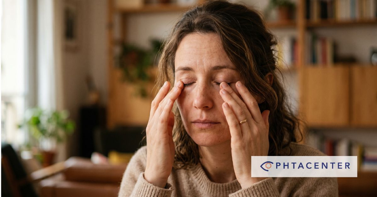 Femme se frottant les yeux avec les deux mains, geste automatique illustrant les dangers de se frotter les yeux pour la vue